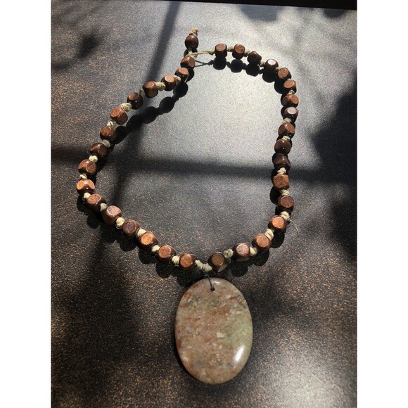 Autumn Jasper Stone Pendant Necklace w Square Wooden Beads Boho Handmade Hippie - Picture 5 of 16